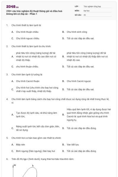 250+ câu trắc nghiệm Kỹ thuật thông gió và điều hoà không khí có đáp án - Phần 1