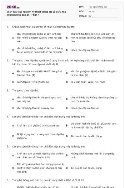250+ câu trắc nghiệm Kỹ thuật thông gió và điều hoà không khí có đáp án - Phần 4