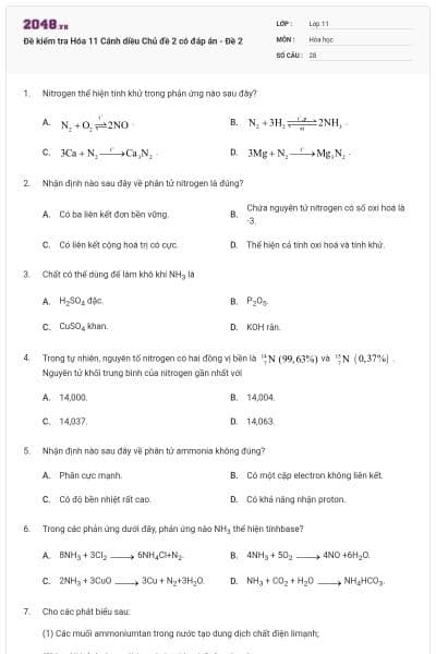 Đề kiểm tra Hóa 11 Cánh diều Chủ đề 2 có đáp án - Đề 2