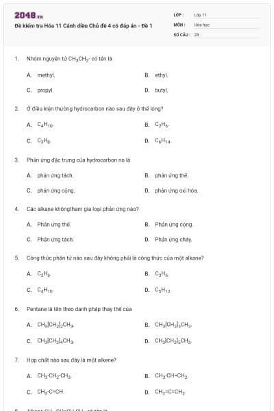 Đề kiểm tra Hóa 11 Cánh diều Chủ đề 4 có đáp án - Đề 1
