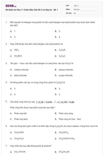 Đề kiểm tra Hóa 11 Cánh diều Chủ đề 5 có đáp án - Đề 1