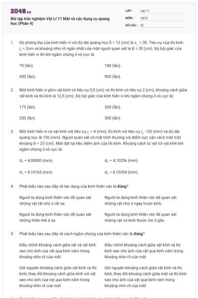 Bài tập trắc nghiệm Vật Lí 11 Mắt và các dụng cụ quang học (Phần 4)