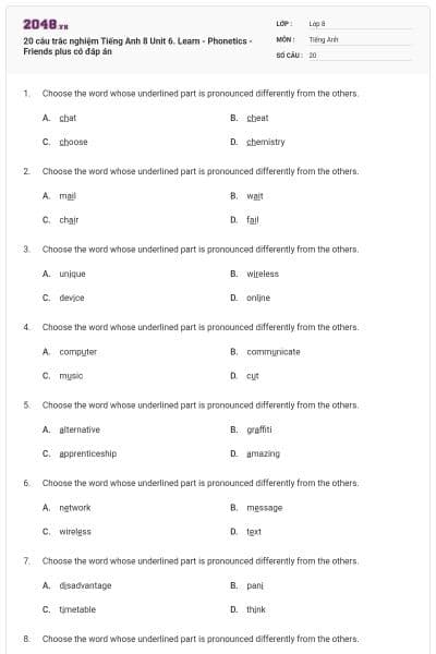 20 câu trắc nghiệm Tiếng Anh 8 Unit 6. Learn - Phonetics - Friends plus có đáp án