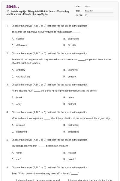 20 câu trắc nghiệm Tiếng Anh 8 Unit 6. Learn - Vocabulary and Grammar - Friends plus có đáp án