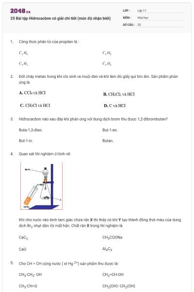 25 Bài tập Hidrocacbon có giải chi tiết (mức độ nhận biết)