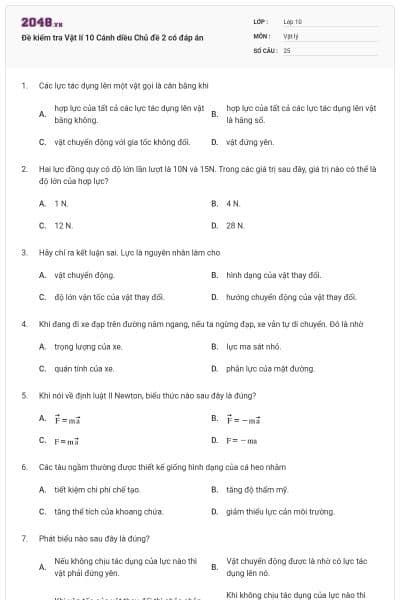 Đề kiểm tra Vật lí 10 Cánh diều Chủ đề 2 có đáp án