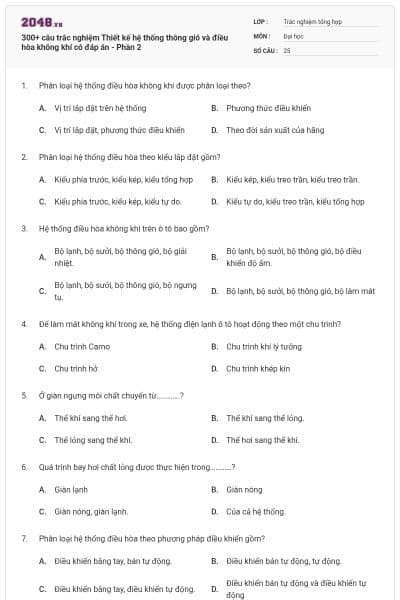 300+ câu trắc nghiệm Thiết kế hệ thống thông gió và điều hòa không khí có đáp án - Phần 2