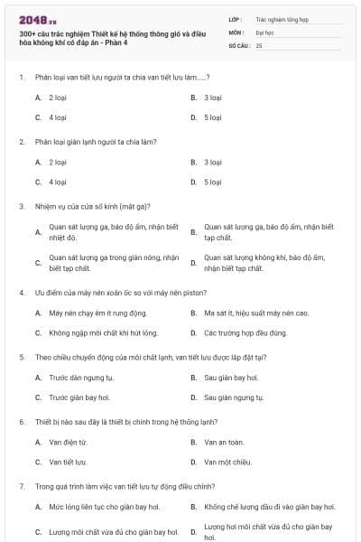 300+ câu trắc nghiệm Thiết kế hệ thống thông gió và điều hòa không khí có đáp án - Phần 4