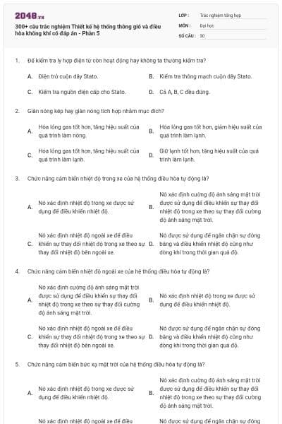 300+ câu trắc nghiệm Thiết kế hệ thống thông gió và điều hòa không khí có đáp án - Phần 5