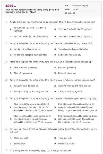 300+ câu trắc nghiệm Thiết kế hệ thống thông gió và điều hòa không khí có đáp án - Phần 9