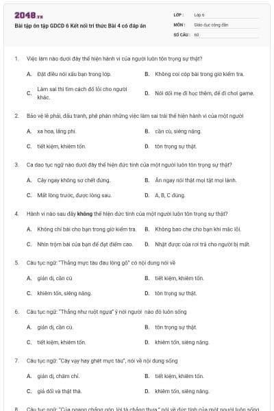 Bài tập ôn tập GDCD 6 Kết nối tri thức Bài 4 có đáp án