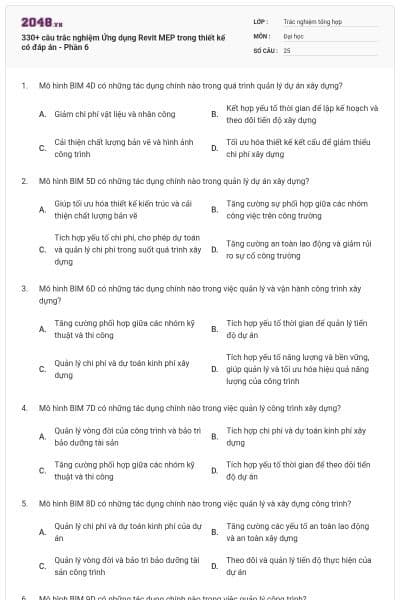 330+ câu trắc nghiệm Ứng dụng Revit MEP trong thiết kế có đáp án - Phần 6