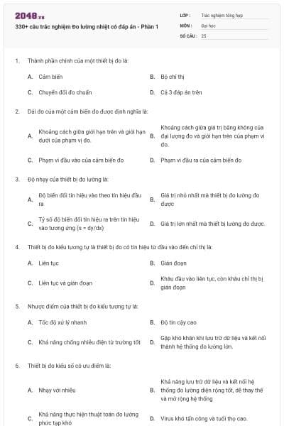 330+ câu trắc nghiệm Đo lường nhiệt có đáp án - Phần 1