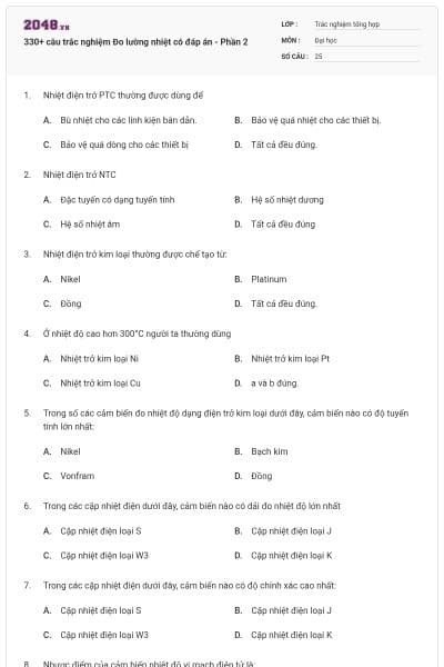 330+ câu trắc nghiệm Đo lường nhiệt có đáp án - Phần 2
