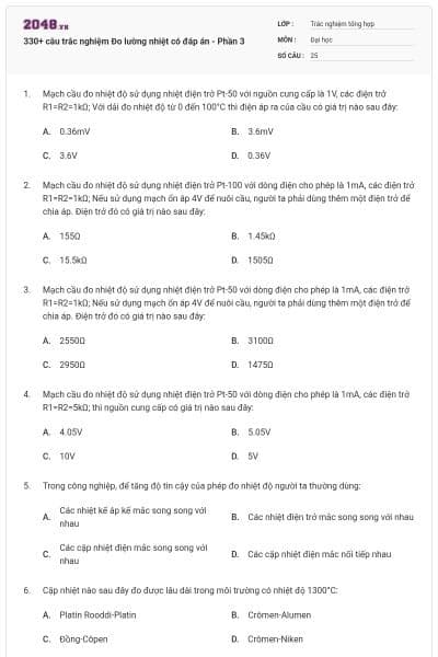 330+ câu trắc nghiệm Đo lường nhiệt có đáp án - Phần 3