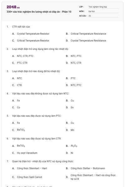 330+ câu trắc nghiệm Đo lường nhiệt có đáp án - Phần 10