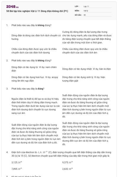 58 Bài tập trắc nghiệm Vật Lí 11 Dòng điện không đổi (P1)