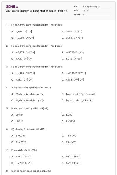 330+ câu trắc nghiệm Đo lường nhiệt có đáp án - Phần 12