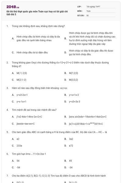 Đề thi thử thpt quốc gia môn Toán cực hay có lời giải chi tiết-Đề 5