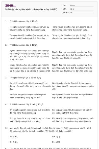 58 Bài tập trắc nghiệm Vật Lí 11 Dòng điện không đổi (P2)