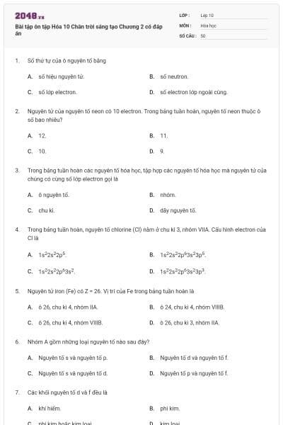 Bài tập ôn tập Hóa 10 Chân trời sáng tạo Chương 2 có đáp án
