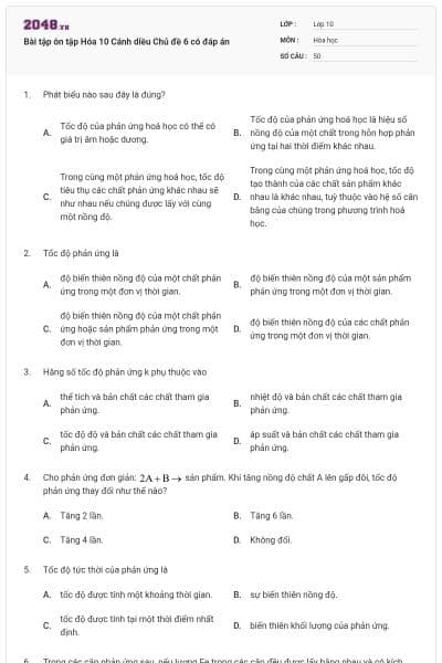 Bài tập ôn tập Hóa 10 Cánh diều Chủ đề 6 có đáp án