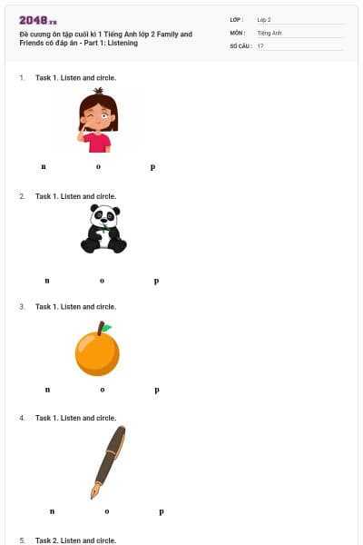 Đề cương ôn tập cuối kì 1 Tiếng Anh lớp 2 Family and Friends có đáp án - Part 1: Listening