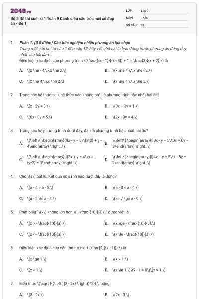 Bộ 5 đề thi cuối kì 1 Toán 9 Cánh diều cấu trúc mới có đáp án - Đề 1