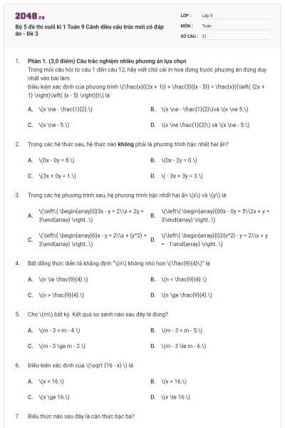Bộ 5 đề thi cuối kì 1 Toán 9 Cánh diều cấu trúc mới có đáp án - Đề 3
