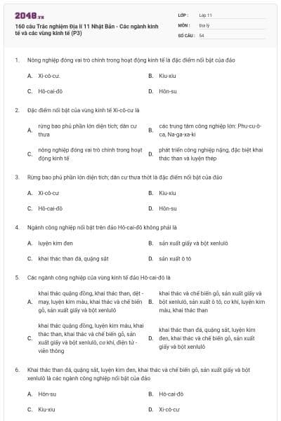 160 câu Trắc nghiệm Địa lí 11 Nhật Bản - Các ngành kinh tế và các vùng kinh tế (P3)