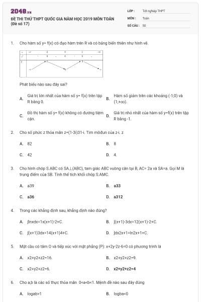ĐỀ THI THỬ THPT QUỐC GIA NĂM HỌC 2019 MÔN TOÁN (Đề số 17)