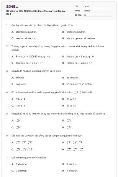 Đề kiểm tra Hóa 10 Kết nối tri thức Chương 1 có đáp án - Đề 1