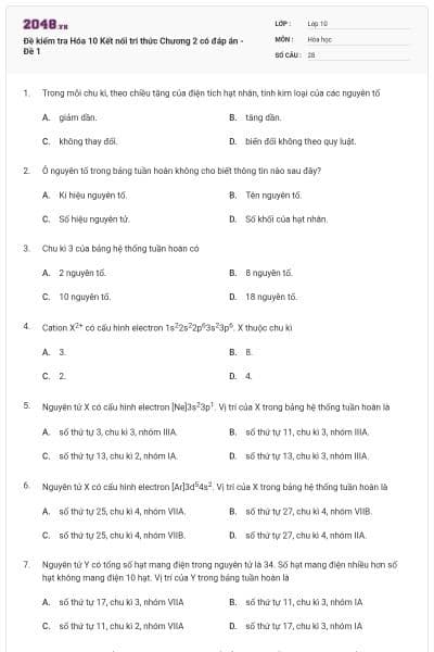 Đề kiểm tra Hóa 10 Kết nối tri thức Chương 2 có đáp án - Đề 1