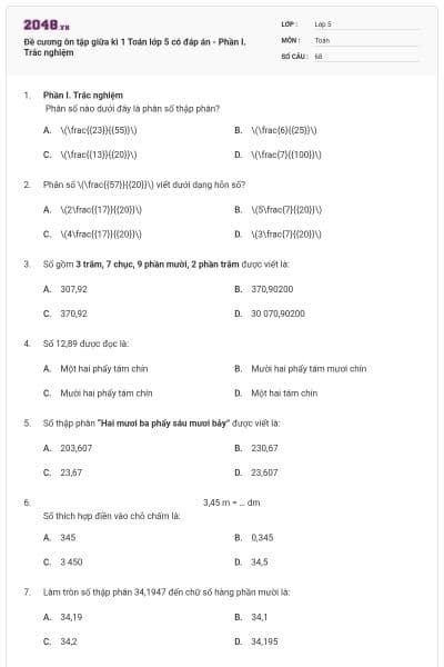 Đề cương ôn tập giữa kì 1 Toán lớp 5 có đáp án - Phần I. Trắc nghiệm