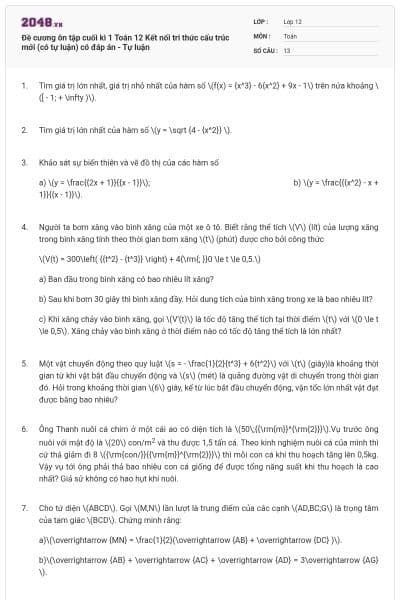 Đề cương ôn tập cuối kì 1 Toán 12 Kết nối tri thức cấu trúc mới (có tự luận) có đáp án - Tự luận