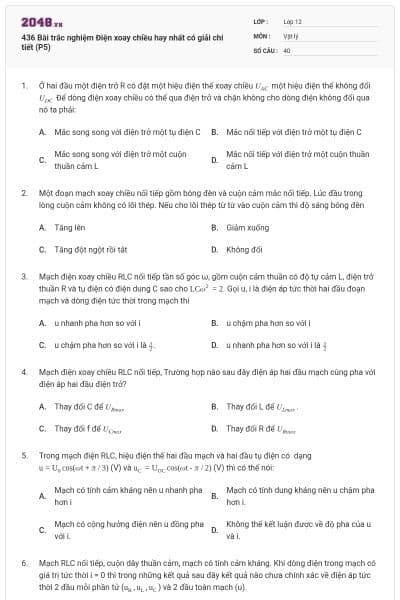 436 Bài trắc nghiệm Điện xoay chiều hay nhất có giải chi tiết (P5)