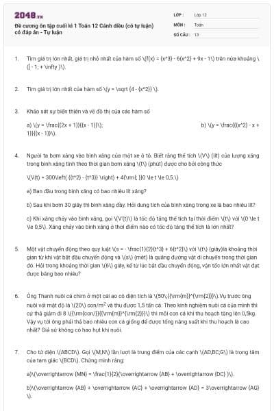 Đề cương ôn tập cuối kì 1 Toán 12 Cánh diều (có tự luận) có đáp án - Tự luận