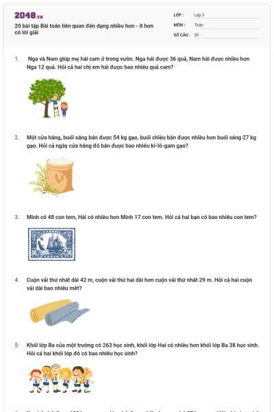 20 bài tập Bài toán liên quan đến dạng nhiều hơn - ít hơn có lời giải