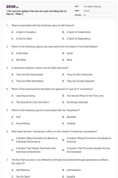 170+ câu trắc nghiệm Văn hóa các nước nói tiếng Anh có đáp án - Phần 3