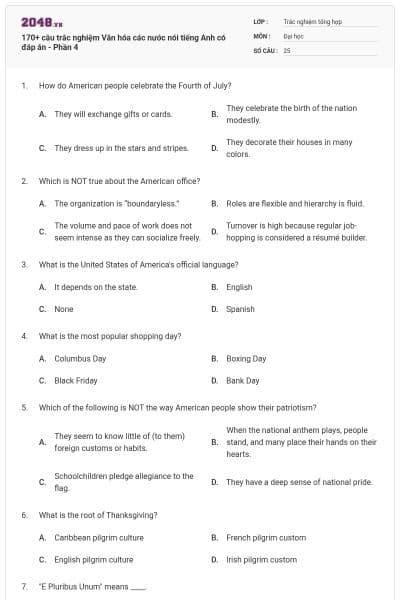 170+ câu trắc nghiệm Văn hóa các nước nói tiếng Anh có đáp án - Phần 4