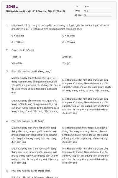 Bài tập trắc nghiệm Vật Lí 11 Cảm ứng điện từ (Phần 1)