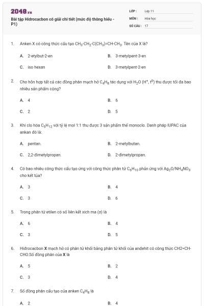 Bài tập Hidrocacbon có giải chi tiết (mức độ thông hiểu - P1)