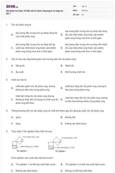 Đề kiểm tra Hóa 10 Kết nối tri thức Chương 6 có đáp án - Đề 1