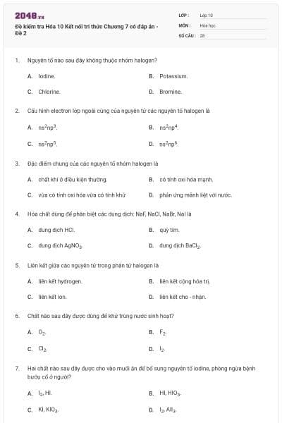 Đề kiểm tra Hóa 10 Kết nối tri thức Chương 7 có đáp án - Đề 2