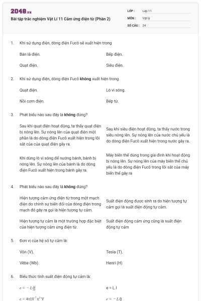 Bài tập trắc nghiệm Vật Lí 11 Cảm ứng điện từ (Phần 2)