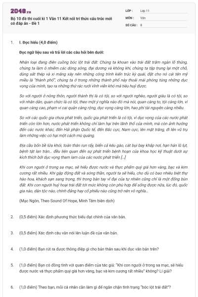 Bộ 10 đề thi cuối kì 1 Văn 11 Kết nối tri thức cấu trúc mới có đáp án - Đề 1