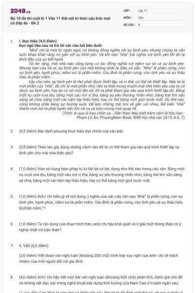 Bộ 10 đề thi cuối kì 1 Văn 11 Kết nối tri thức cấu trúc mới có đáp án - Đề 2