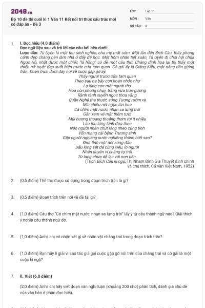 Bộ 10 đề thi cuối kì 1 Văn 11 Kết nối tri thức cấu trúc mới có đáp án - Đề 3