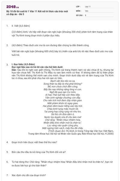 Bộ 10 đề thi cuối kì 1 Văn 11 Kết nối tri thức cấu trúc mới có đáp án - Đề 5