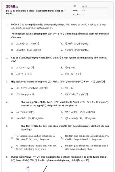 Bộ 10 đề thi giữa kì 1 Toán 10 Kết nối tri thức có đáp án - Đề 06